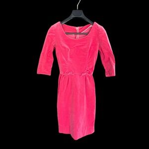 Vintage 60s Pink Velvet Sheath Dress Bow Waist Talon Zip 3/4 Sleeve Mid Century